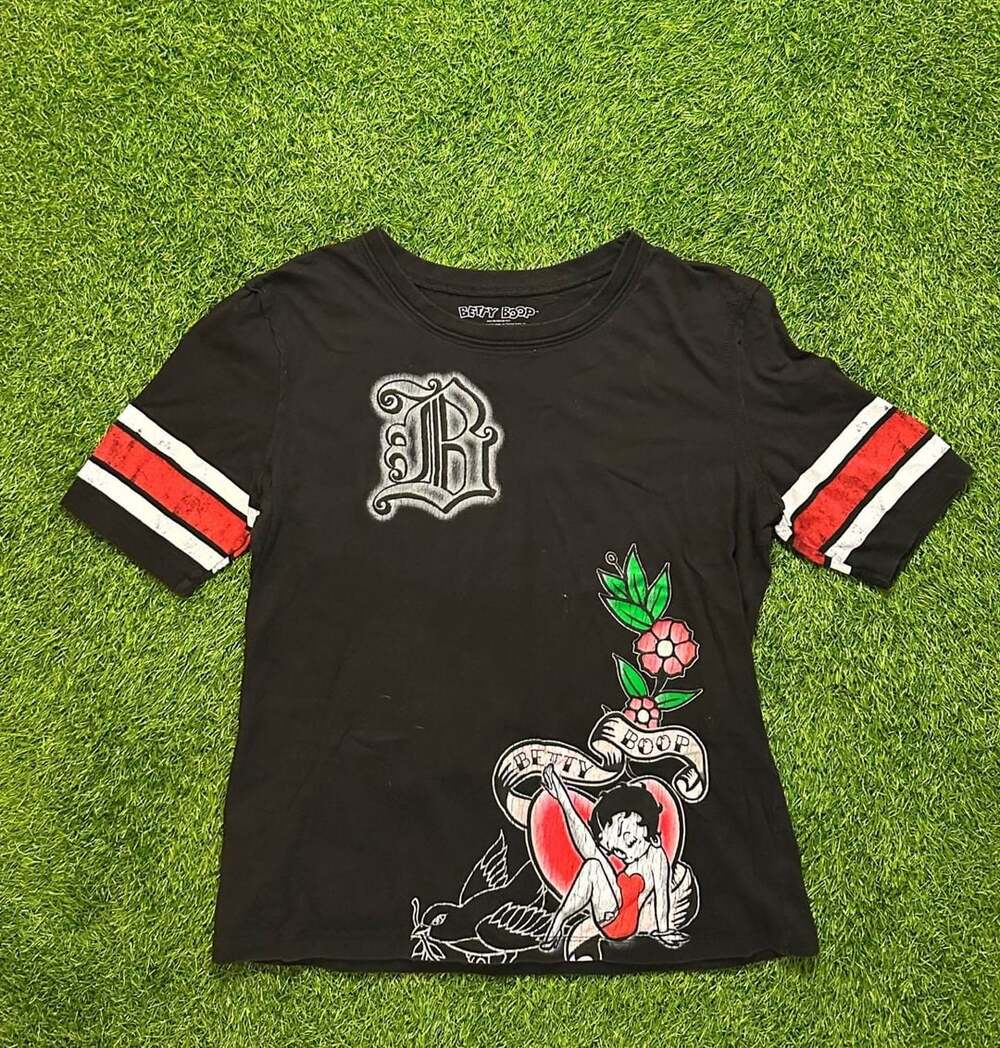 Betty Boop Graphic Print Tattoo Style Black Ringer Tee
